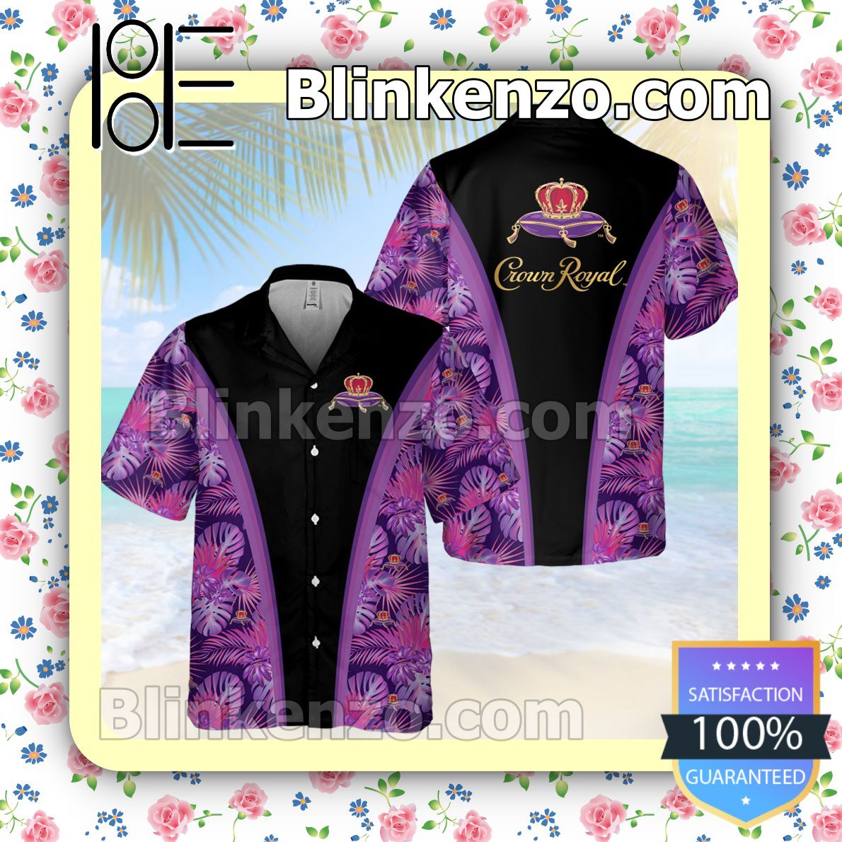 Crown Royal Canadian Whisky Flower Black Purple Summer Hawaiian Shirt, Mens Shorts