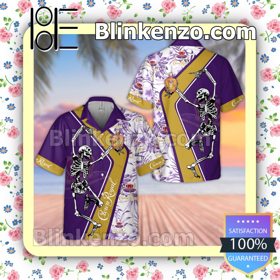 Crown Royal Happy Skeleton Flowery White Purple Summer Hawaiian Shirt, Mens Shorts