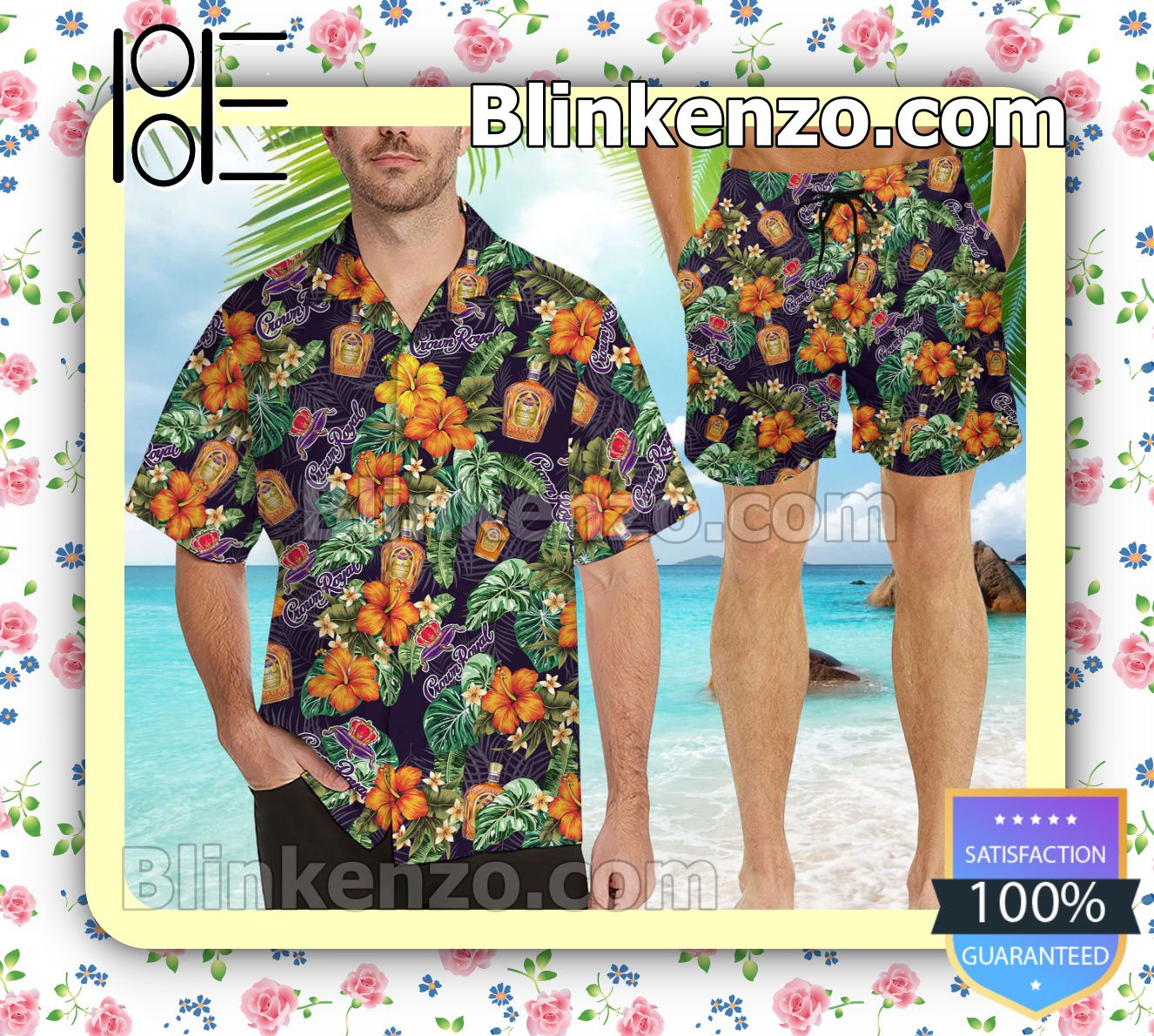 Crown Royal Logo Flowery Purple Summer Hawaiian Shirt, Mens Shorts