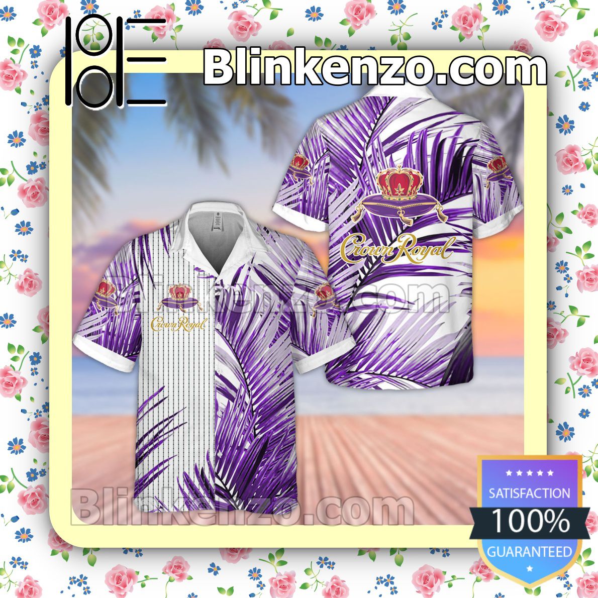 Crown Royal Purple Palm Leaves White Summer Hawaiian Shirt, Mens Shorts
