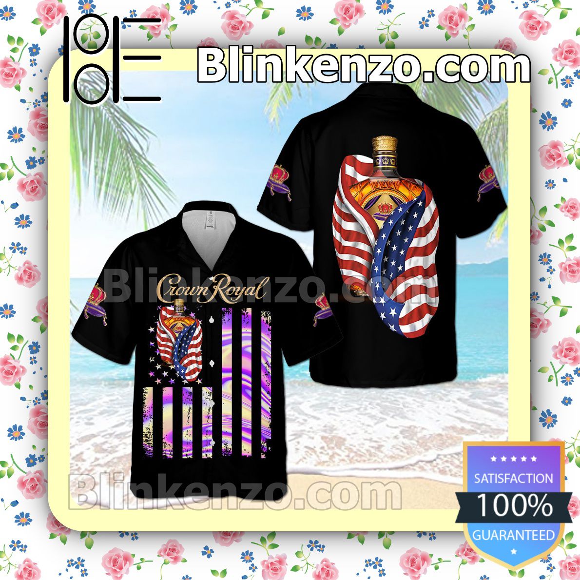 Crown Royal USA Flag Black Summer Hawaiian Shirt, Mens Shorts