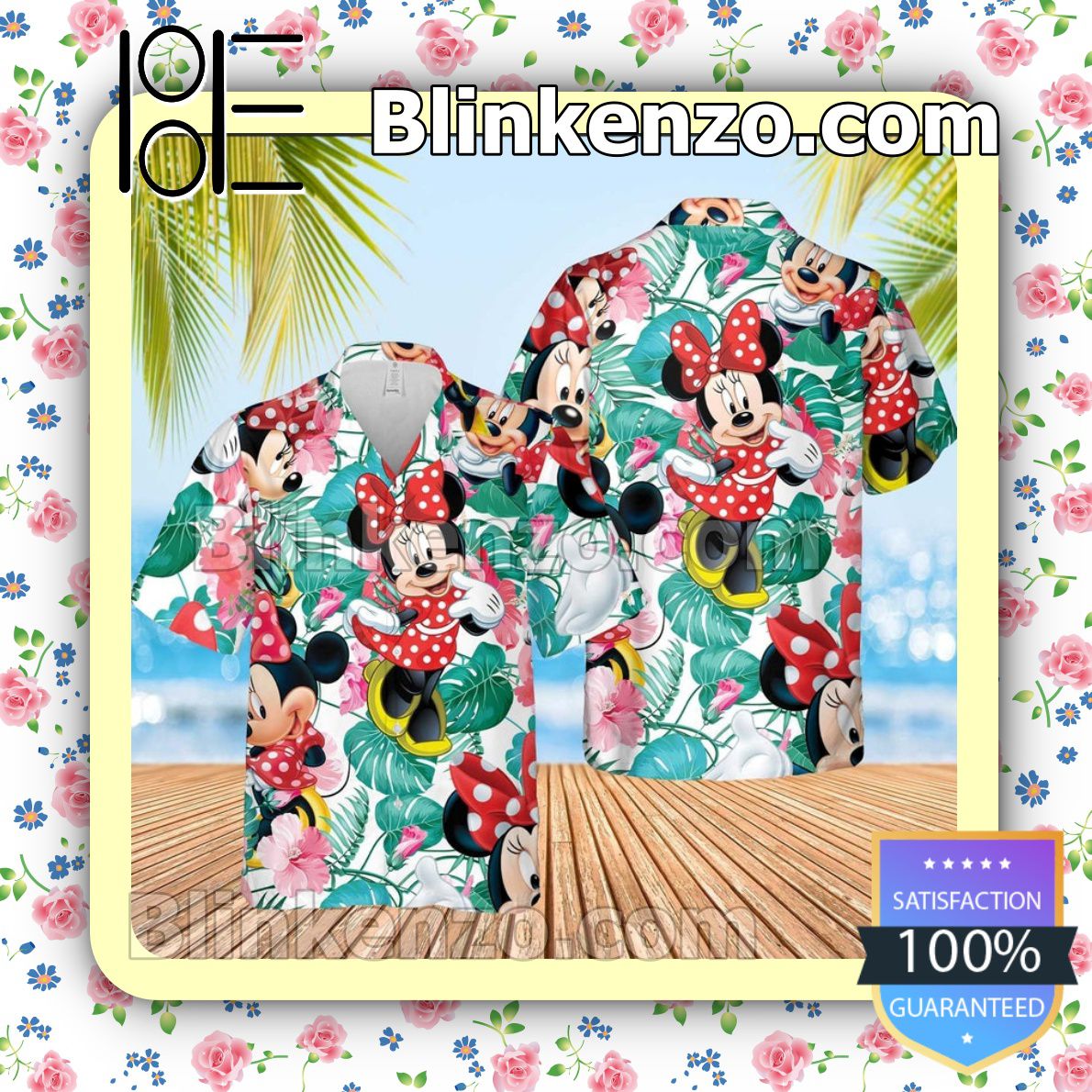 Cute Minnie Mouse Disney Cartoon Graphics Tropical Hibicus Summer Hawaiian Shirt, Mens Shorts