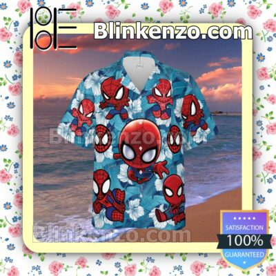 Cute Spiderman Hibicus Blue Summer Hawaiian Shirt, Mens Shorts