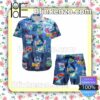 Dancing Stitch Disney Cartoon Graphics Combo Aloha Blue Summer Hawaiian Shirt, Mens Shorts