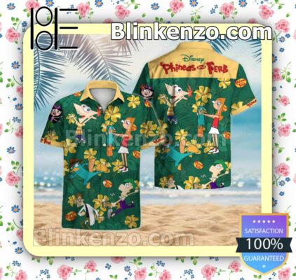 Disney Phineas And Ferb Yellow Tropical Flower Green Summer Shirts