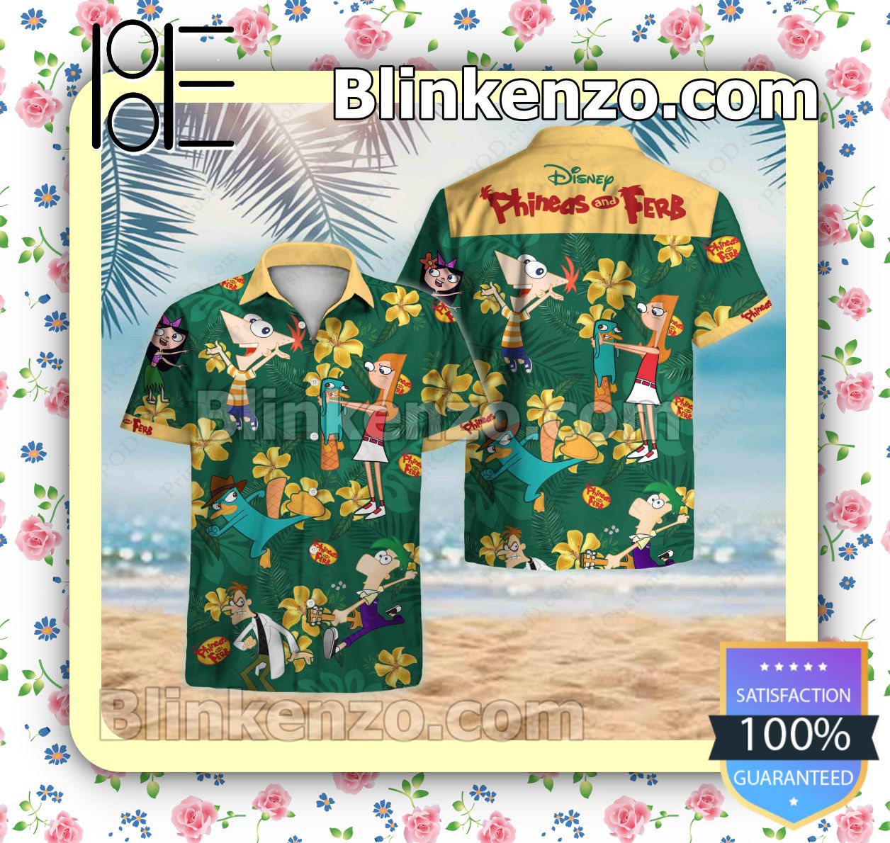 All Over Print Disney Phineas And Ferb Yellow Tropical Flower Green Summer Shirts