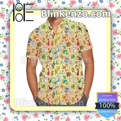 Disney Sidekicks Characters Cartoon Graphics Yellow Summer Hawaiian Shirt, Mens Shorts