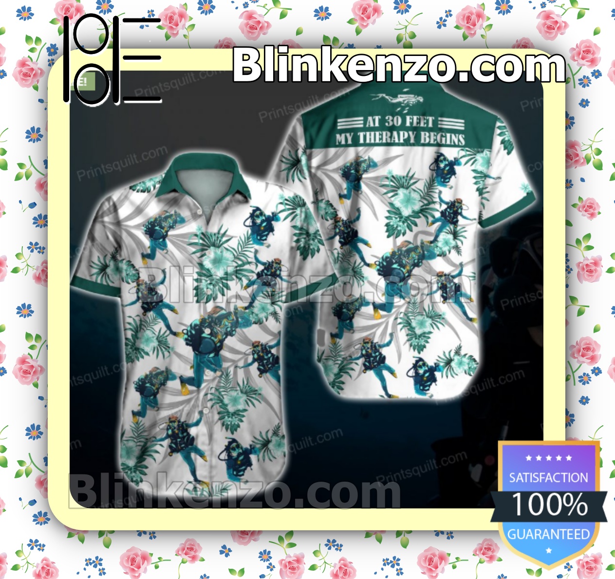 Best Gift Dive Lovers At 30 Feet My Therapy Begins Green Tropical Floral White Summer Shirts