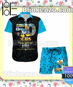 Donald Duck 50th Anniversary Glitter Disney Castle Black Blue Summer Hawaiian Shirt, Mens Shorts