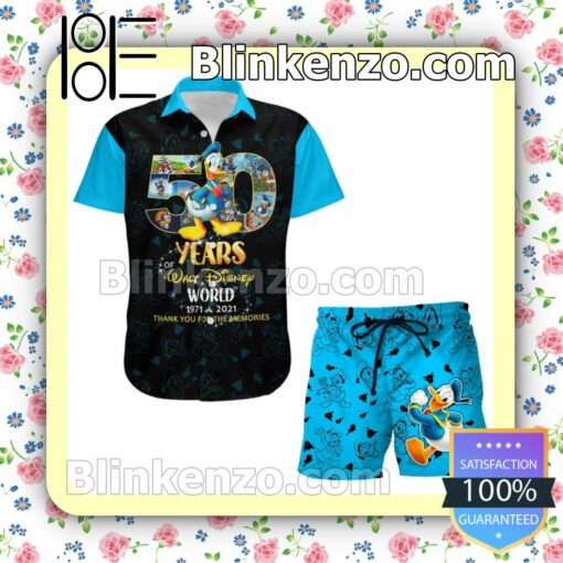 Donald Duck 50th Anniversary Glitter Disney Castle Black Blue Summer Hawaiian Shirt, Mens Shorts