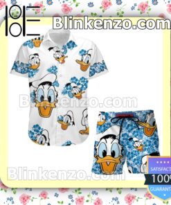 Donald Duck Hibicus Disney Cartoon Graphics White Blue Summer Hawaiian Shirt