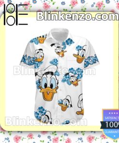 Donald Duck Hibicus Disney Cartoon Graphics White Blue Summer Hawaiian Shirt a