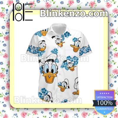 Donald Duck Hibicus Disney Cartoon Graphics White Blue Summer Hawaiian Shirt a