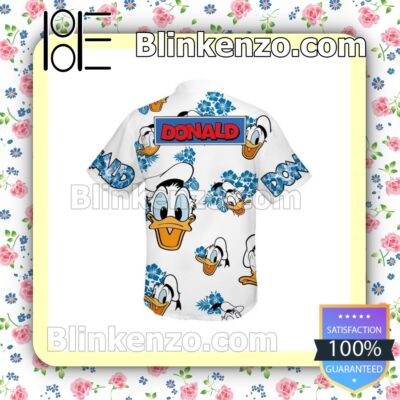Donald Duck Hibicus Disney Cartoon Graphics White Blue Summer Hawaiian Shirt b