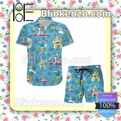 Donald Duck Surfing Disney Cartoon Graphics Blue Summer Hawaiian Shirt, Mens Shorts