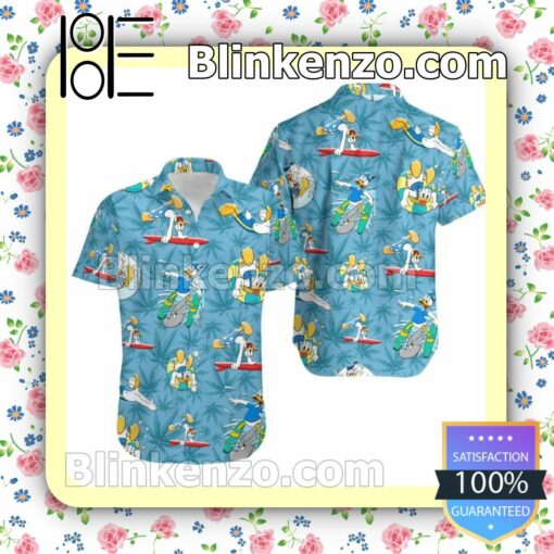 Donald Duck Surfing Disney Cartoon Graphics Blue Summer Hawaiian Shirt, Mens Shorts a