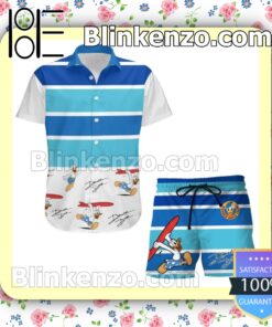 Donald Duck Surfing Disney Cartoon Graphics White Blue Summer Hawaiian Shirt