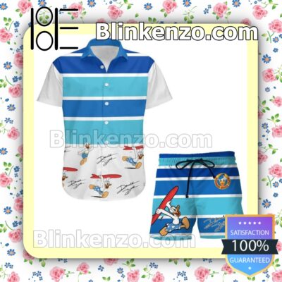 Donald Duck Surfing Disney Cartoon Graphics White Blue Summer Hawaiian Shirt