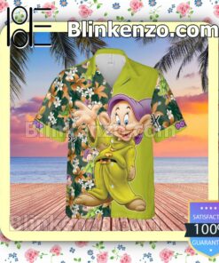 Dopey Dwarf Snow White Disney Cartoon Graphics Floral Pattern Green Summer Hawaiian Shirt, Mens Shorts