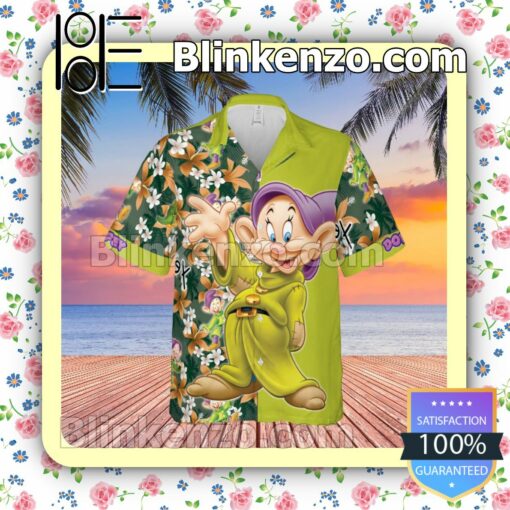 Dopey Dwarf Snow White Disney Cartoon Graphics Floral Pattern Green Summer Hawaiian Shirt, Mens Shorts