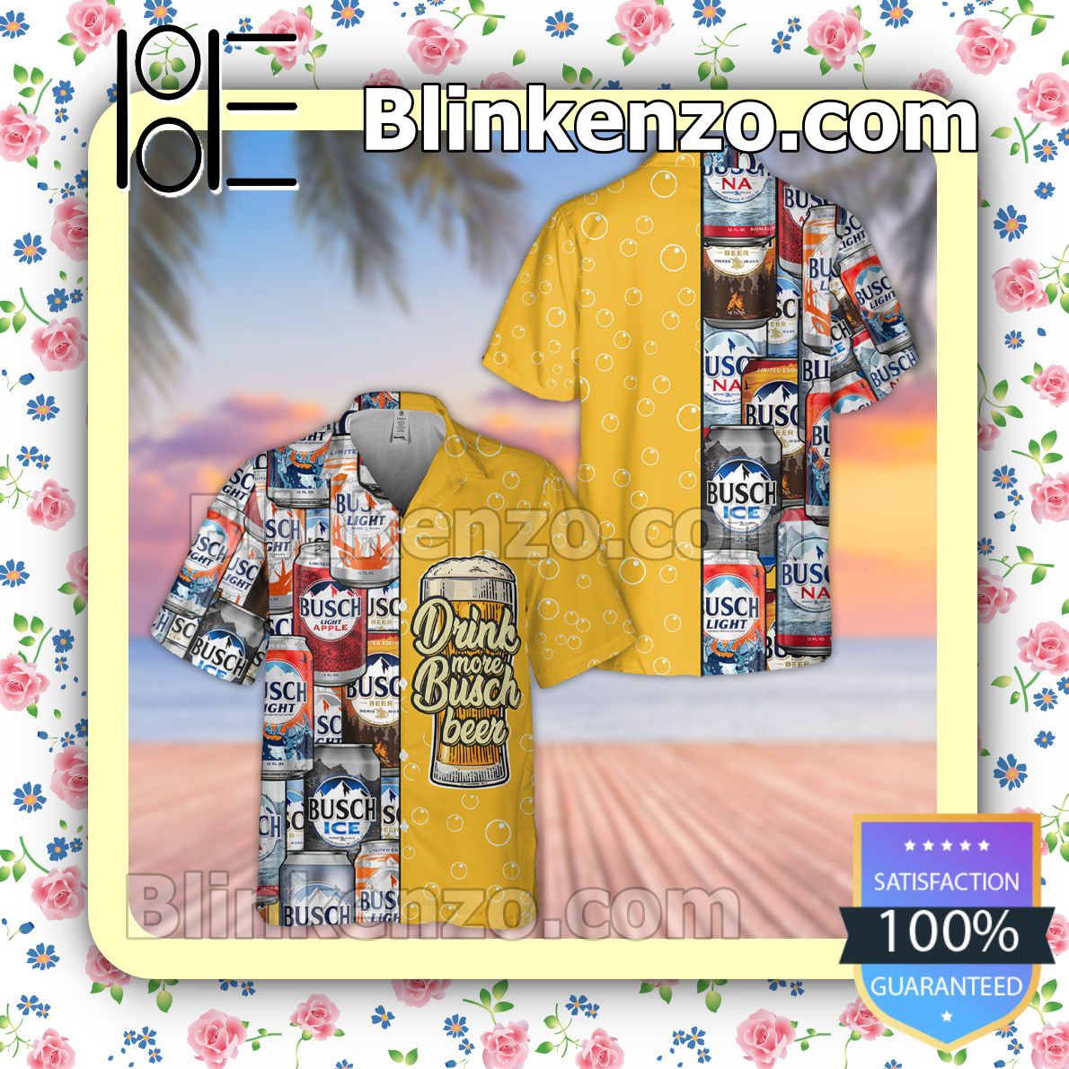 Drink More Busch Beer Yellow Summer Hawaiian Shirt, Mens Shorts