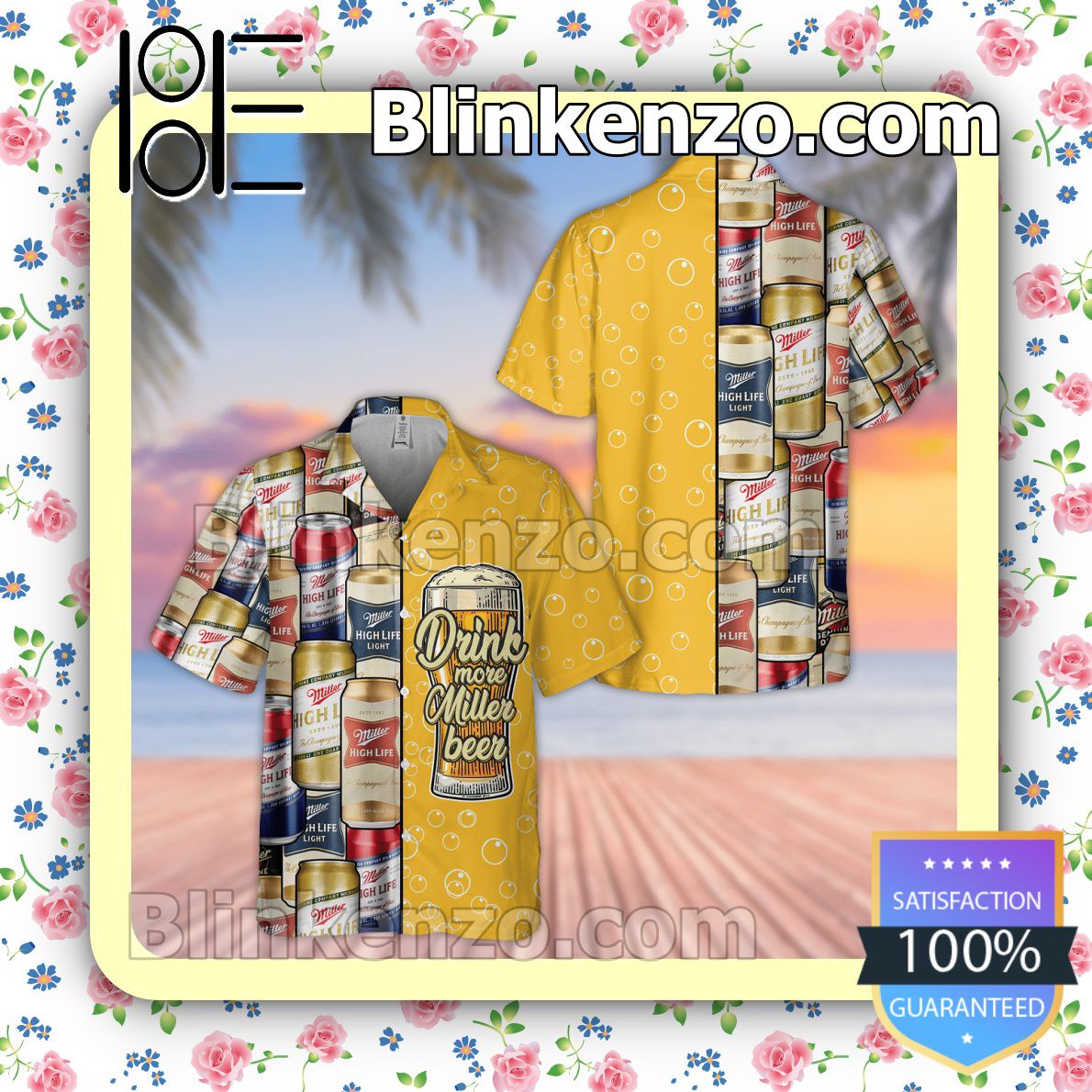 Drink More Miller High Life Beer Yellow Summer Hawaiian Shirt, Mens Shorts