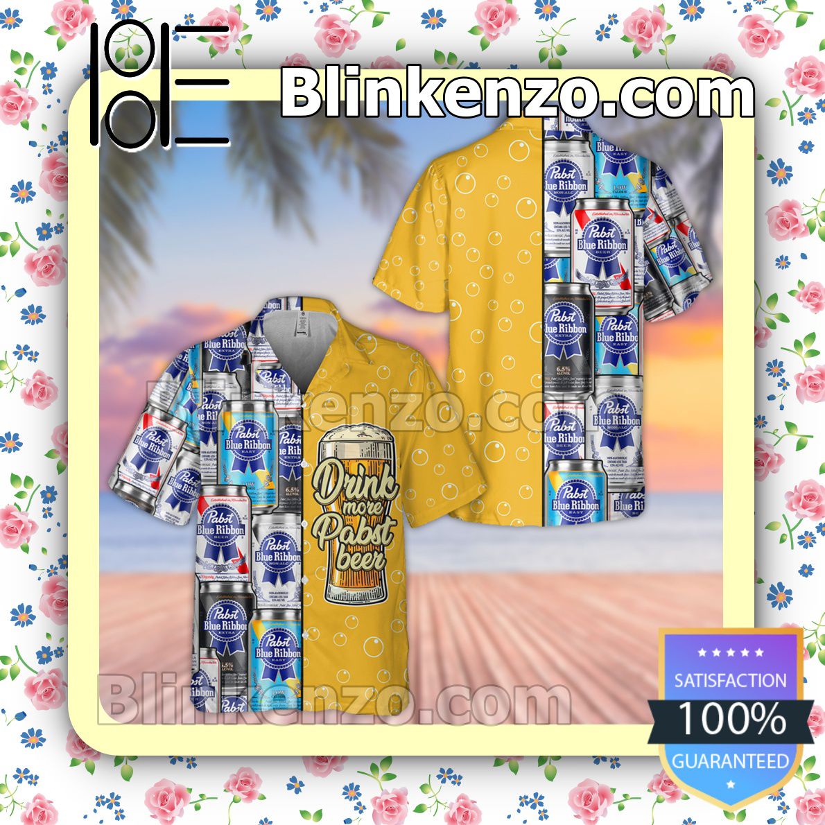 Drink More Pabst Blue Ribbon Beer Yellow Summer Hawaiian Shirt, Mens Shorts