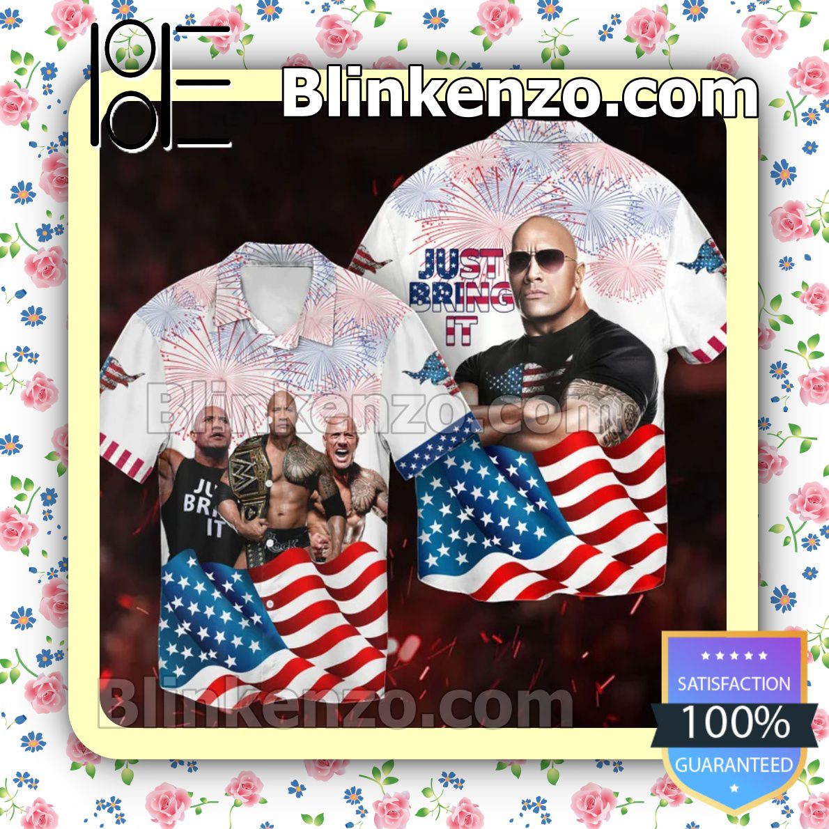 Dwayne Johnson The Rock Just Bring It American Flag Firework Independence Day Men's Button-Down Shirts