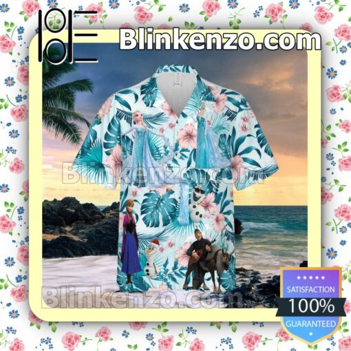 Elsa Anna Frozen Disney Cartoon Graphics Tropical Forest Summer Hawaiian Shirt, Mens Shorts