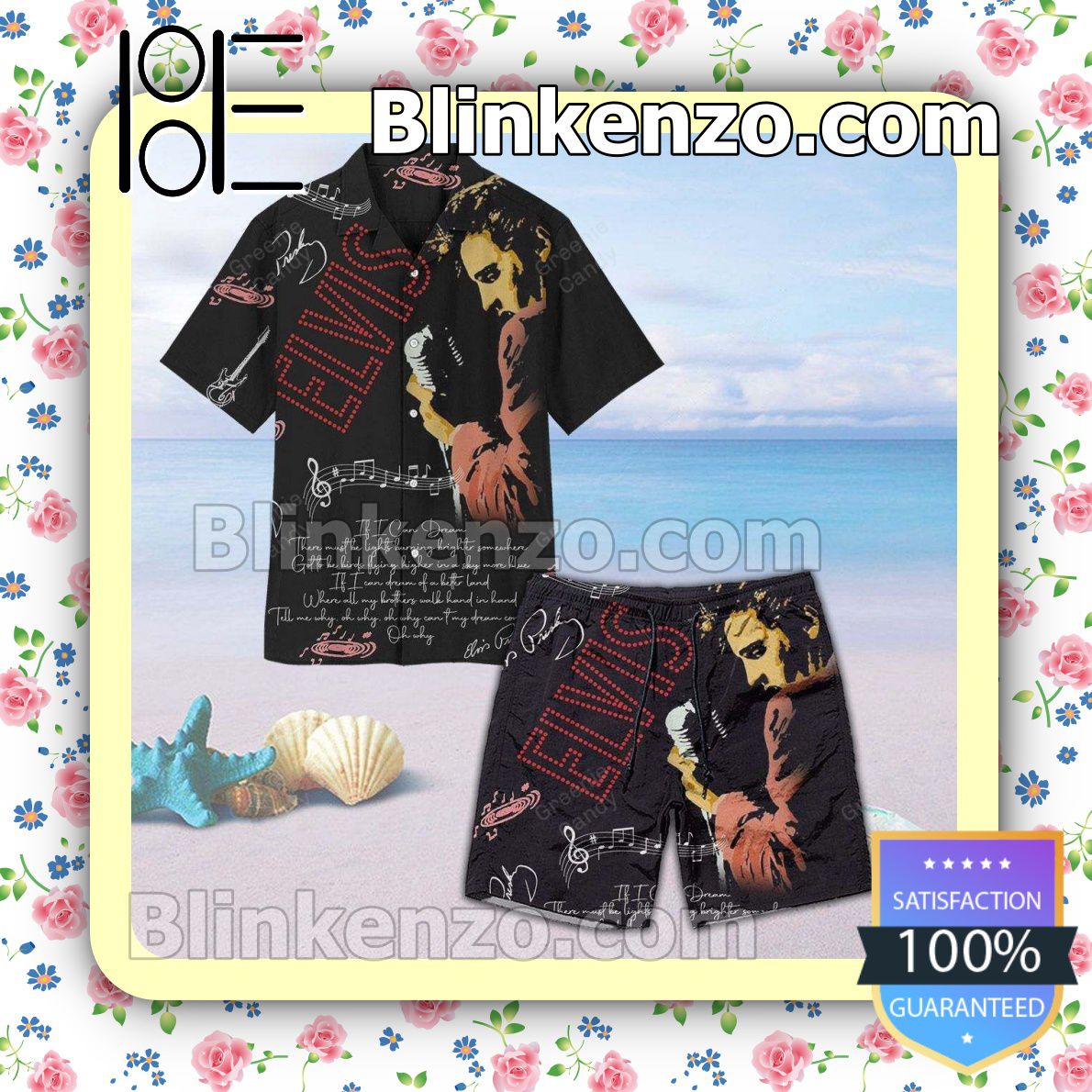Elvis Presley Signature Unisex Black Summer Hawaiian Shirt, Mens Shorts