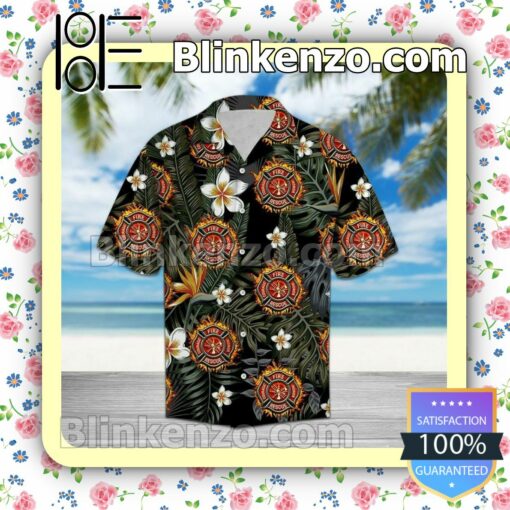 Firefighter Logo Flower And Leaves Print Black Summer Shirt