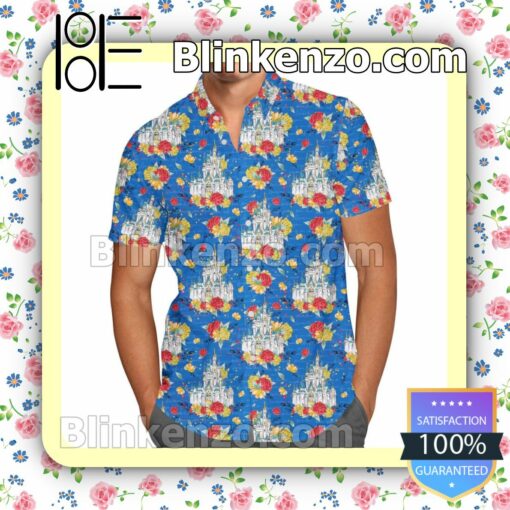 Floral Castle Disney Cartoon Graphics Inspired Blue Summer Hawaiian Shirt, Mens Shorts