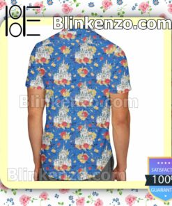 Floral Castle Disney Cartoon Graphics Inspired Blue Summer Hawaiian Shirt, Mens Shorts a