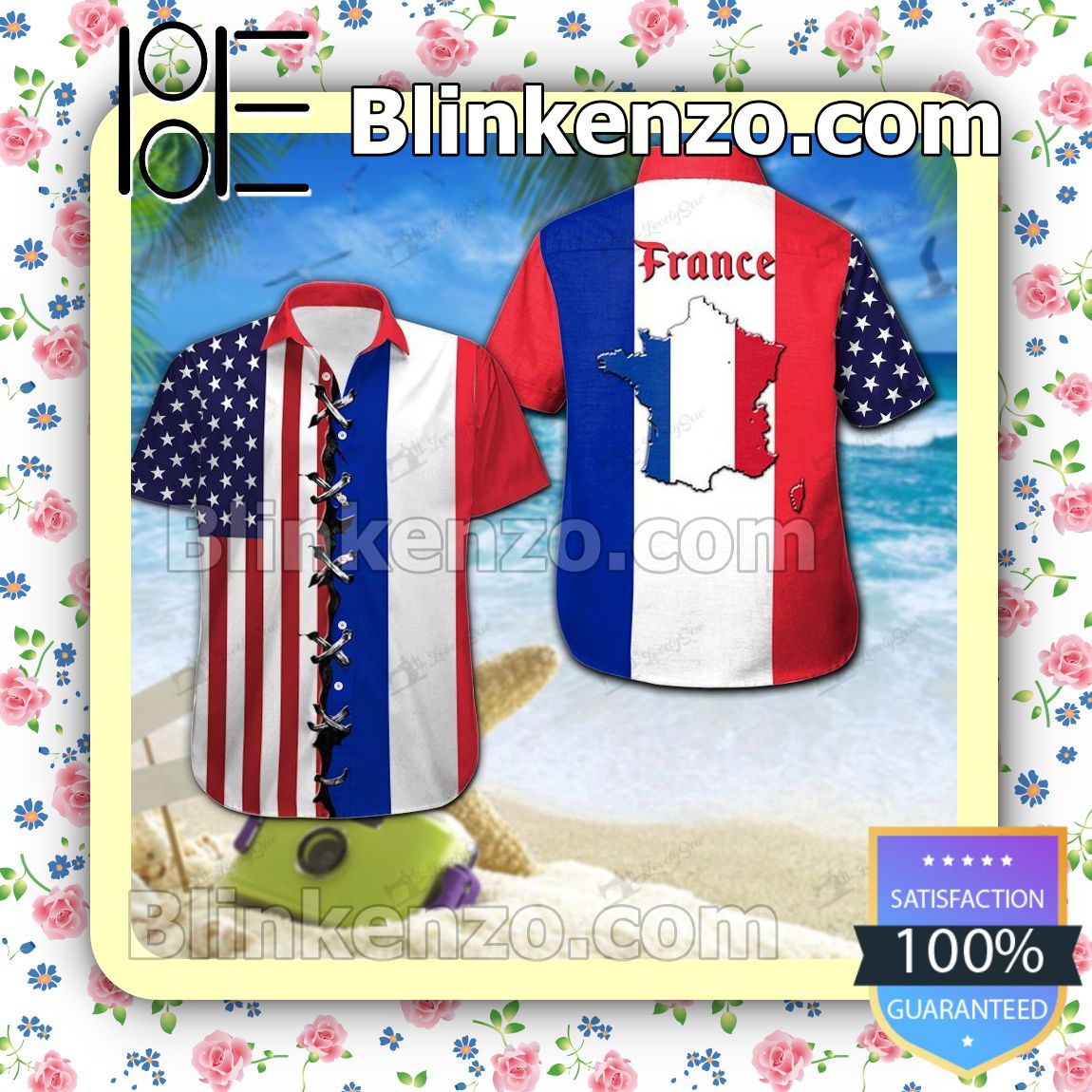 French & American Flag Summer Hawaiian Shirt, Mens Shorts