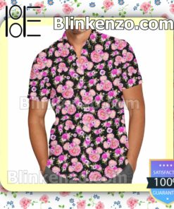 Fuchsia Pink Floral Minnie Ears Disney Cartoon Graphics Inspired Summer Hawaiian Shirt, Mens Shorts