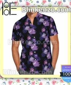 Gengar Ghost Type Pokemon Leaf Pattern Black Summer Hawaiian Shirt, Mens Shorts