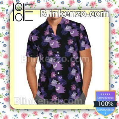 Gengar Ghost Type Pokemon Leaf Pattern Black Summer Hawaiian Shirt, Mens Shorts