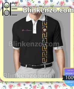 Gianni Versace Greek Key Stripe Black Mix White Collar Embroidered Polo Shirts