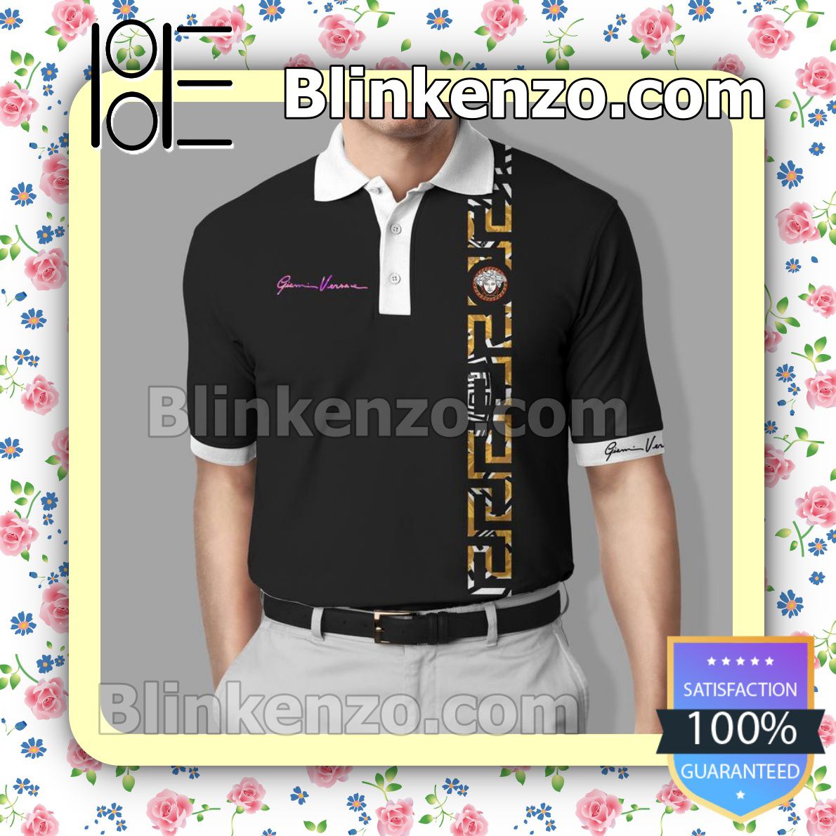 Gianni Versace Greek Key Stripe Black Mix White Collar Embroidered Polo Shirts