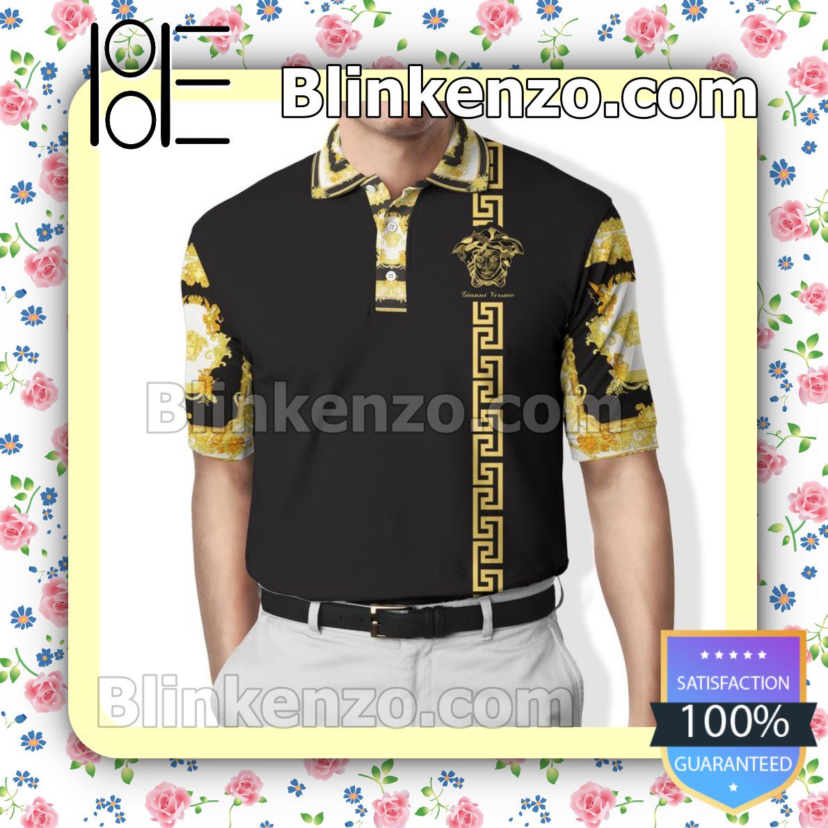Gianni Versace Greek Key Stripe Gold Black Embroidered Polo Shirts