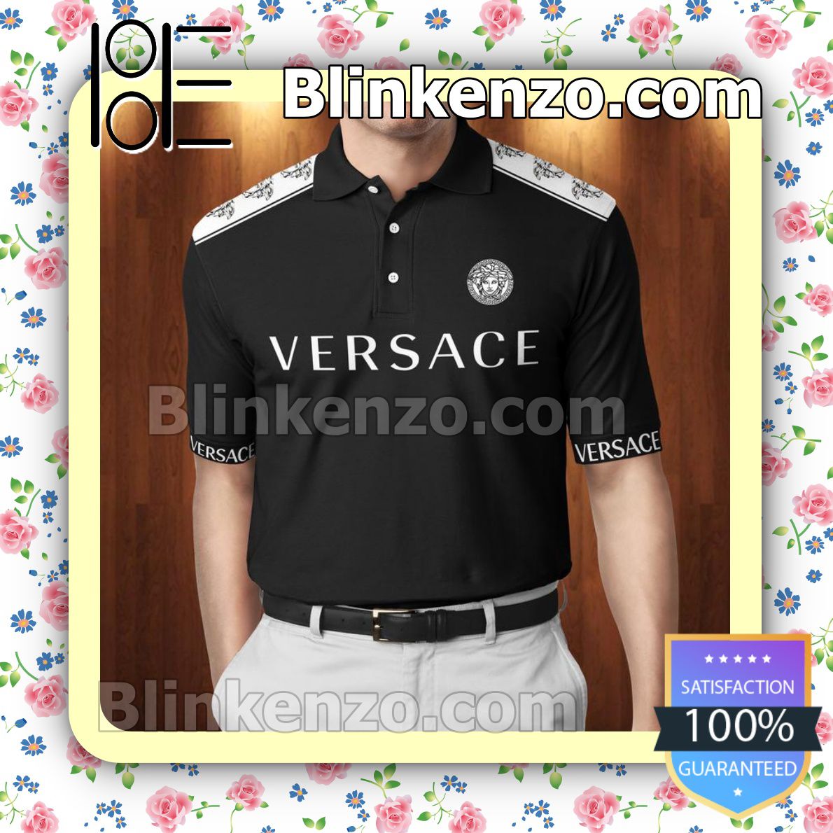Gianni Versace Logo Black White Embroidered Polo Shirts
