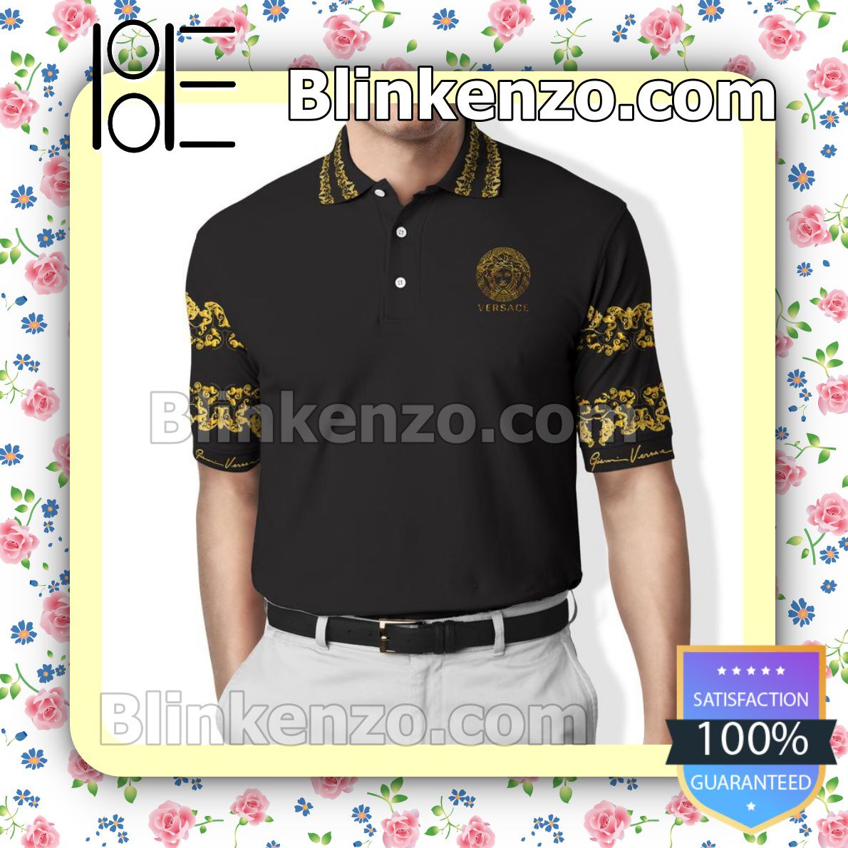 Wereldrecord Guinness Book Spin band Gianni Versace Luxury Brand Black Embroidered Polo Shirts - Blinkenzo