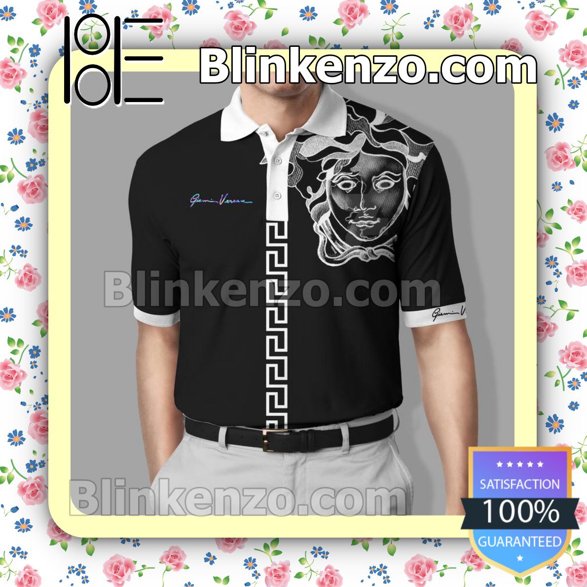 Gianni Versace Medusa Greek Key Stripe Black White Embroidered Polo Shirts