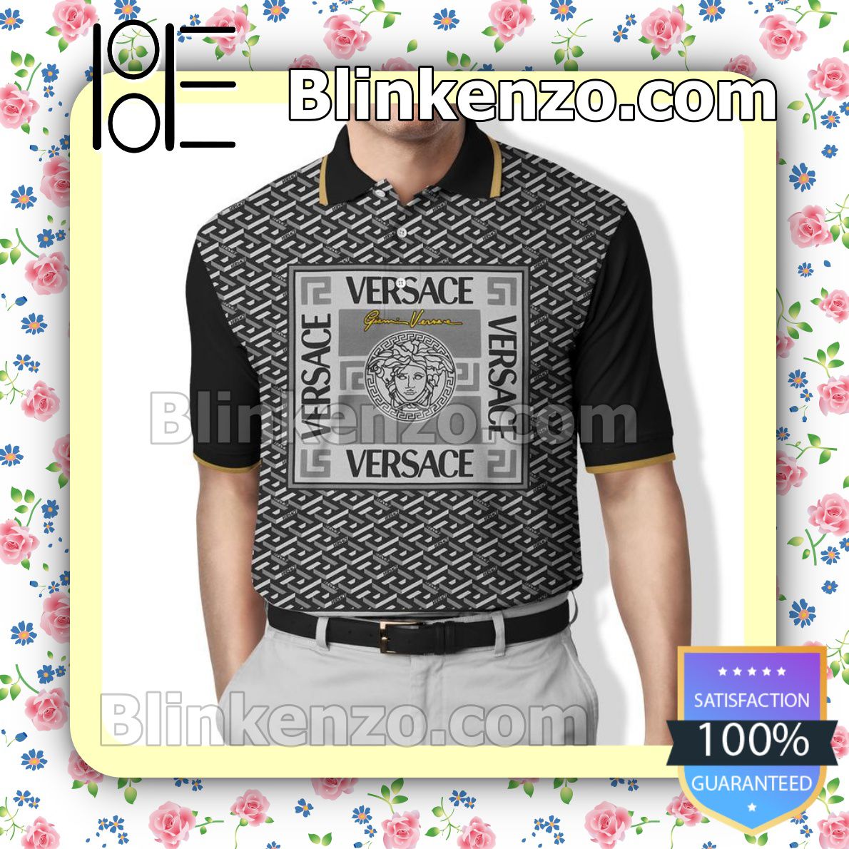 Gianni Versace Medusa Pattern Black Grey All Over Print Embroidered Polo Shirts