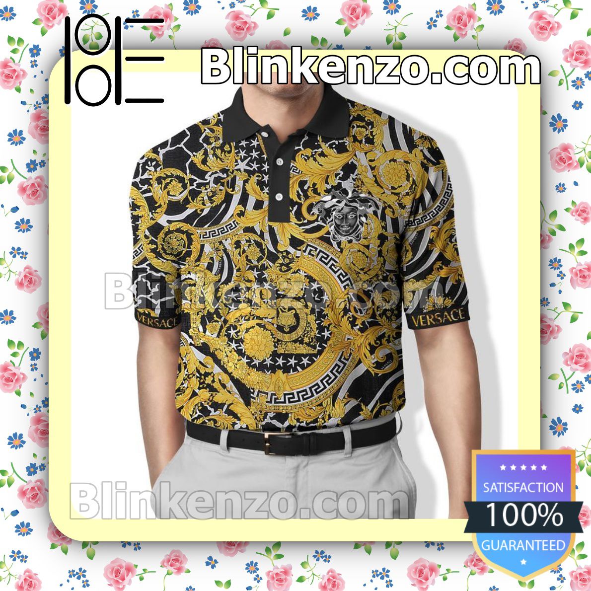 Gianni Versace Pattern Gold Black White Embroidered Polo Shirts
