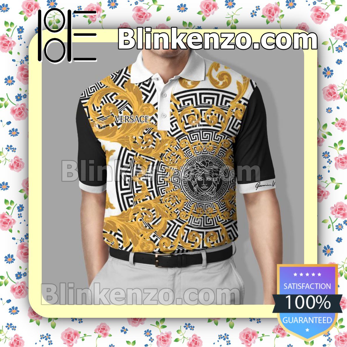 Gianni Versace Pattern Luxury Brand Mix Gold Black White Embroidered Polo Shirts