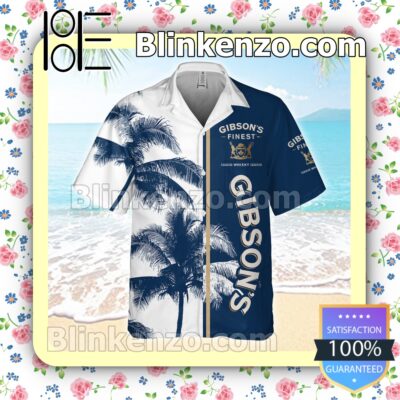 Gibson's Gin Palm Tree Pattern White Blue Summer Hawaiian Shirt a
