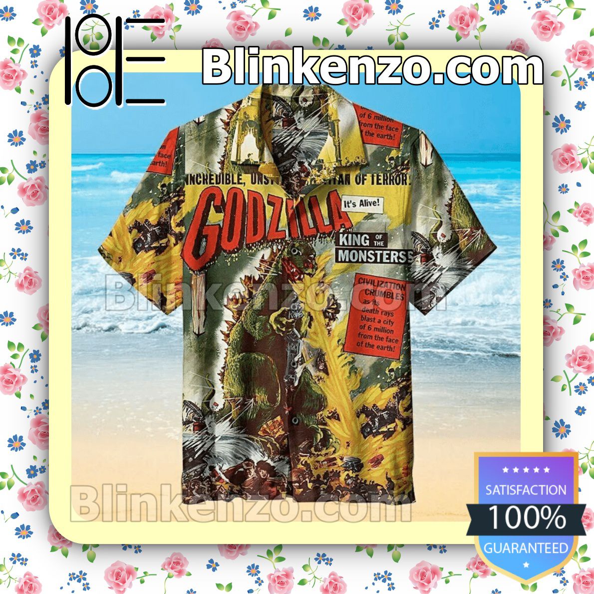 Godzilla, King Of The Monster 1956 Summer Hawaiian Shirt, Mens Shorts