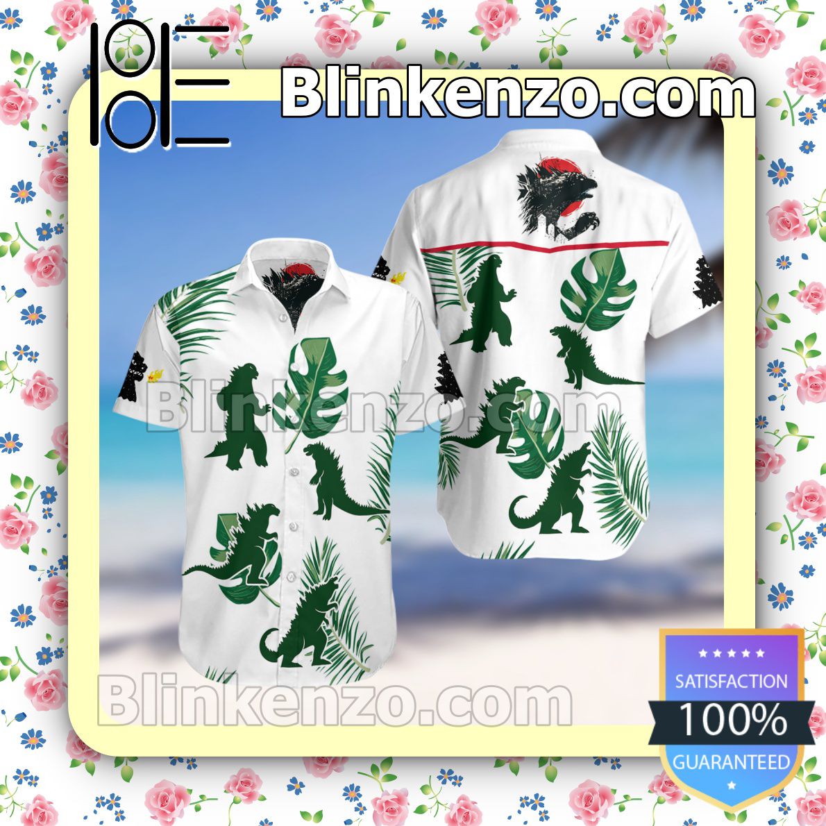 Godzilla White Summer Hawaiian Shirt, Mens Shorts