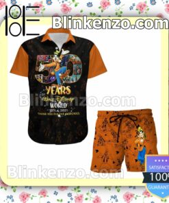 Goofy Dog 50th Anniversary Glitter Disney Castle Black Orange Summer Hawaiian Shirt, Mens Shorts
